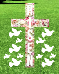 RISEN EASTER Cross with Doves , the word  RISEN in White letters