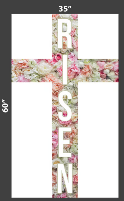 RISEN EASTER Cross with Doves , the word  RISEN in White letters